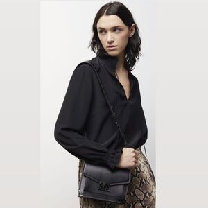 The Kooples Black Silk Long Sleeve Blouse Split Neck Top